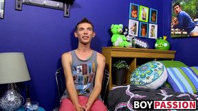 Skinny gay Bentley Ryan interviewed and jerking off to cum