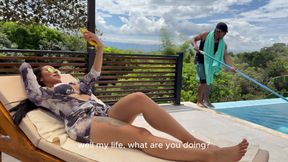 Huge Breasted Latina Brunette Can't Resist Fucking Big Black Cock Guy by the Pool.