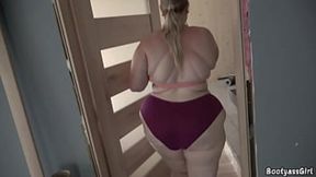 Double penetration &mdash;  sloppy jugs &mdash;  and two explosive cum shots on a couch with a curvy sweetheart