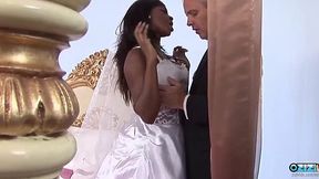 Desperate ebony bride with big tits gets interracial anal creampie