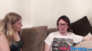 Busty UK hottie sensually sucking nerds swollen cock