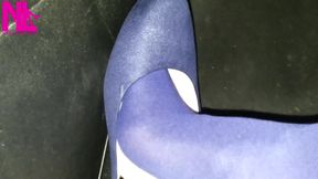 Dangling in Blue Pantyhose and Blue Flats on a Gas Station