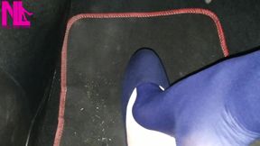 Dangling in Blue Pantyhose and Blue Flats on a Gas Station