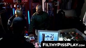 Muscle hunks' hardcore threesome with bondage spanking and pissing