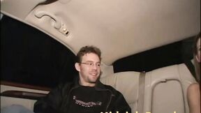 Two Brunette Car Ride showing tits in fishnet clothes