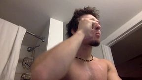 Sexy Muscled Man Gets Sweaty Exercising and Takes Shower