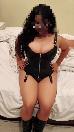 Busty leather-clad slut with big bouncing tits and thick thighs