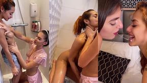 real backstage fuck after lesbian wet shower couple - amateur pov threesome cum swap wild!
