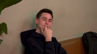 Two guys fuck and kiss in a public toilet in a cafe