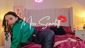Scarlett's emerald satin blouse and pencil skirt tease