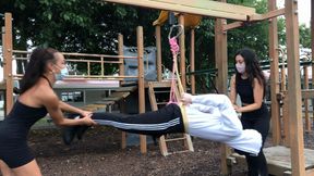 Maya and Kody put nerd in a swing hanging wedgie