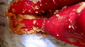 Food smearing my red nylon pantyhose feet, legs, crotch with yams and baked beans.