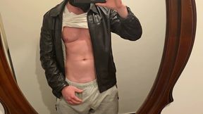 After Work Jerk off in Black Leather Jacket! Hot Stepdaddy Shows Muscles & Pumps Thick Cock