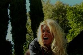 Classic blonde MILF rides big dick in the backyard