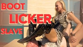 Bootlicker slave training - By Mistress Nicole van Kuppeck with thigh high black boots worship and faceslapping.