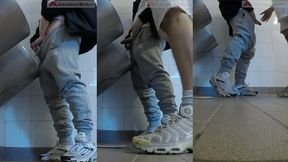 Amateur boys in sneakers wank and try handjob in public toilets' urinal