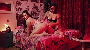 Two big ass girls and one guy make a live sex show in front of a webcam
