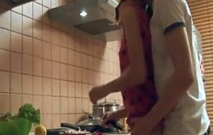 Thin brunette banged in the kitchen