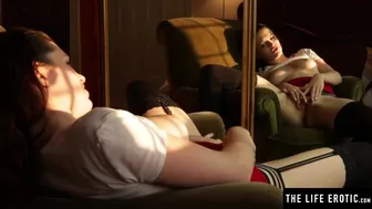 Solo Brunette Teases Her Hairy Pussy in Black Stockings and Garters