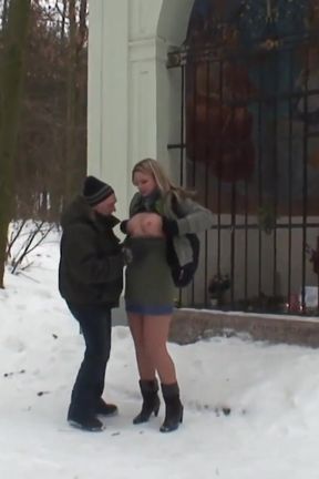 Blonde bitch enjoys riding a fat cock in the snow