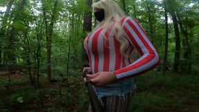 4th of July Giant Fake Tits Crossdresser in Daisy Dukes and American Flag Body Suit Jacking off