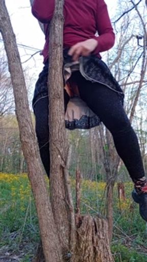 Lady P pissing on a tree stump pov with a pussy full of cum