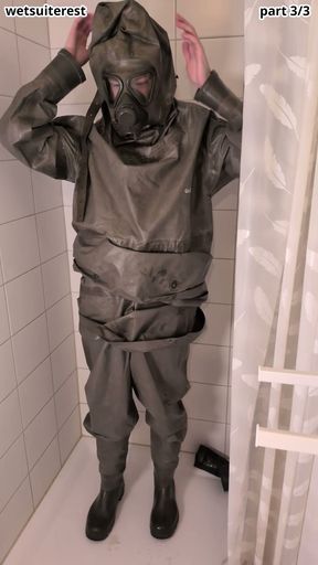 Undressing sweaty heavy rubber Zodiac Zodiak hazmat suit with rubber gloves, boots, plastic pants, gas mask