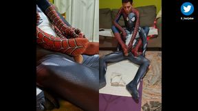 Spiderman and Venom give each other a footjob from behind