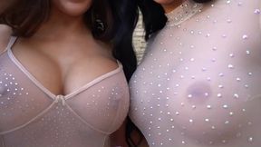 Lesbian strip show: Susy Gala, Julia de Lucia, and gigantic blonde breasts on display.