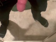 Horny college guy plays with thick dick in front of mirror
