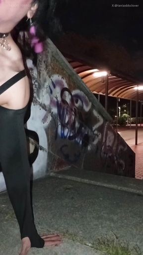Taniax walks around the city in sexy black lingerie,showing her tiny cock in flat chastity cage   Clip 3