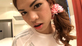 Asian ladyboy teen Kitty in a football outfit ass fucking stuffed