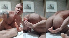 big hairy muscle guy playing with his toy