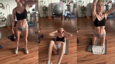 Blonde fitness babe shredded abs alone workout soaking wet panties