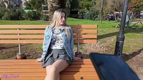 Seductive blonde milf teases with her toy on a public outdoor solo romp