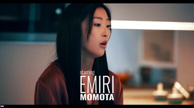 Emiri Momota rides muscular Tommy Gold on a couch in a sleek modern kitchen