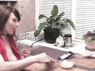 Hawt mother I'd like to fuck in kitchen wearing an erotic red shirt out of pants and brassiere eats banana, strawberries with cream, fingering juicy cunt cum climax Sex Porn