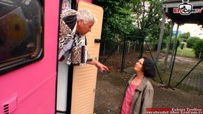 Mature German woman with small breasts seduced into car sex