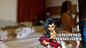 Big natural tits fitness teacher gives a precum dripping handjob and takes all the cum on her tits in a hotel room