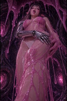 3d anime elf masturbates in pink slime, half cyborg arm