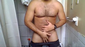 Hairy Latino Jerks Off in Bathroom