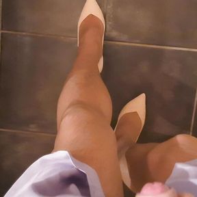 Wank and cumshot on pantyhose wearing dress and heels