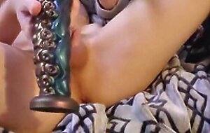 Femboy with small tits gets fucked and cum's from large dildo