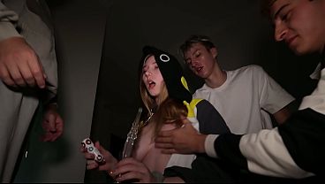 Three horny guys with massive cocks take turns pounding a cute student's
