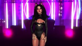 Exotic fluffy cat girl in tight bodysuit dancing alone in night club