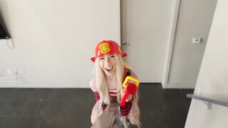 Tiny girl puts on a slutty firewoman outfit before sex
