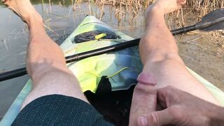 Hot guy jerks off in kayak & gets intense orgasm in public lake nudity