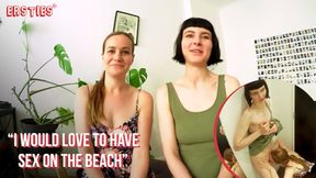 Unstaged girls Delfine and Sally make out and lick each other's vaginas in a dressing room