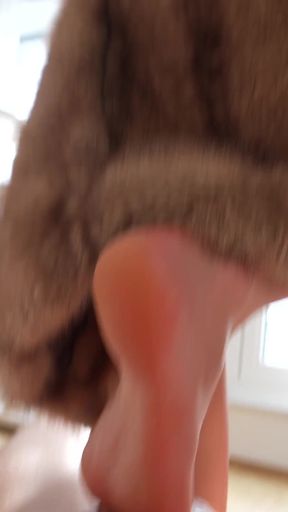 Fur Coat Footjob & Cowgirl Ride - Huge Cum Blast on Green Glitter Long Toenails