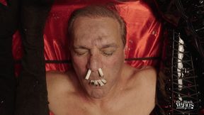 pt1 - double smoke and heavy spitting supremacy: restrained subject swallows a thick pool of ash and saliva triggered by deep toy play